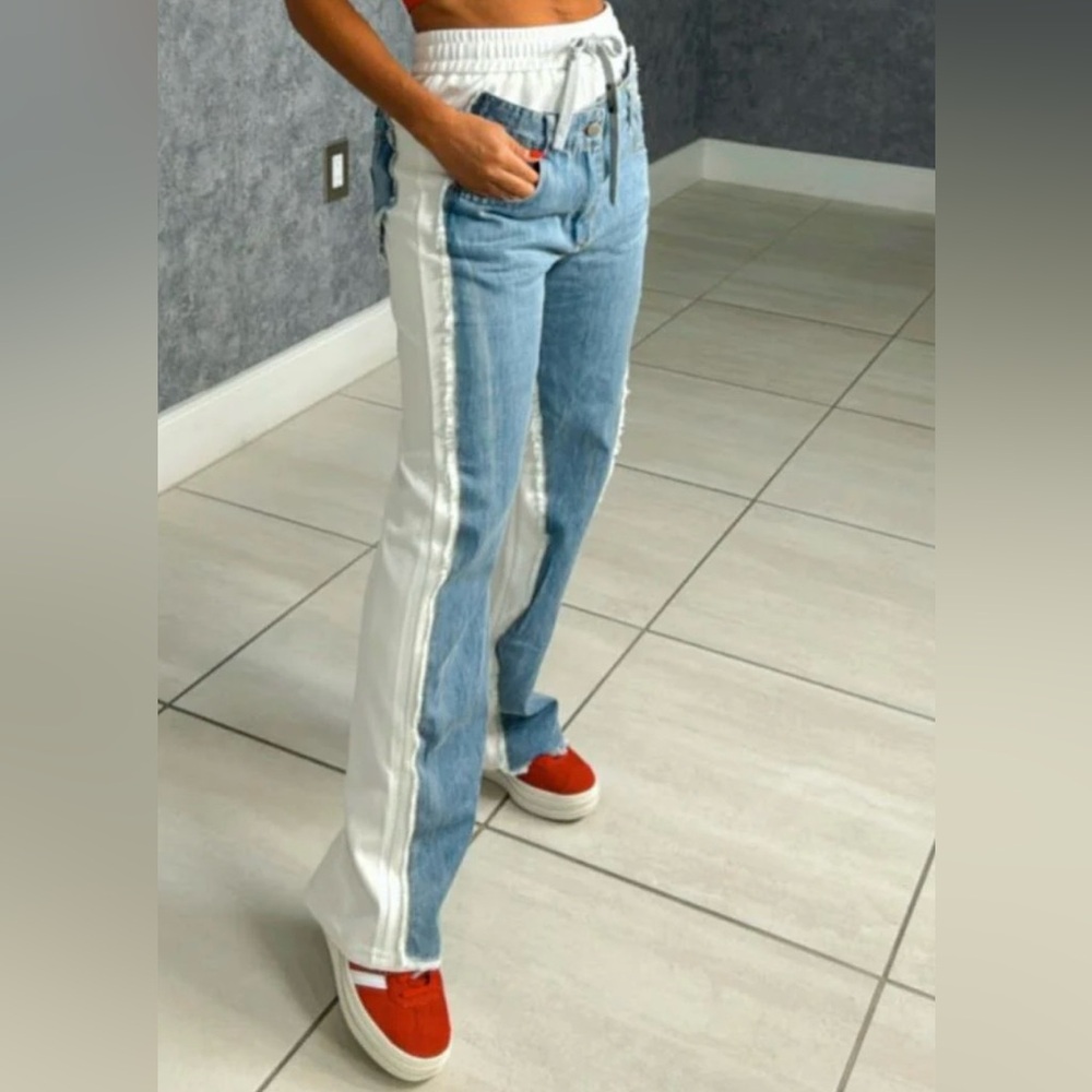 ELASTIC WAISTBAND DENIM DETAIL PANTS